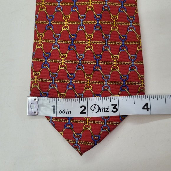 Via Condotti Roma Tie Mens OS Necktie Red Equestrian Chain Print Silk Handmade - Picture 8 of 9